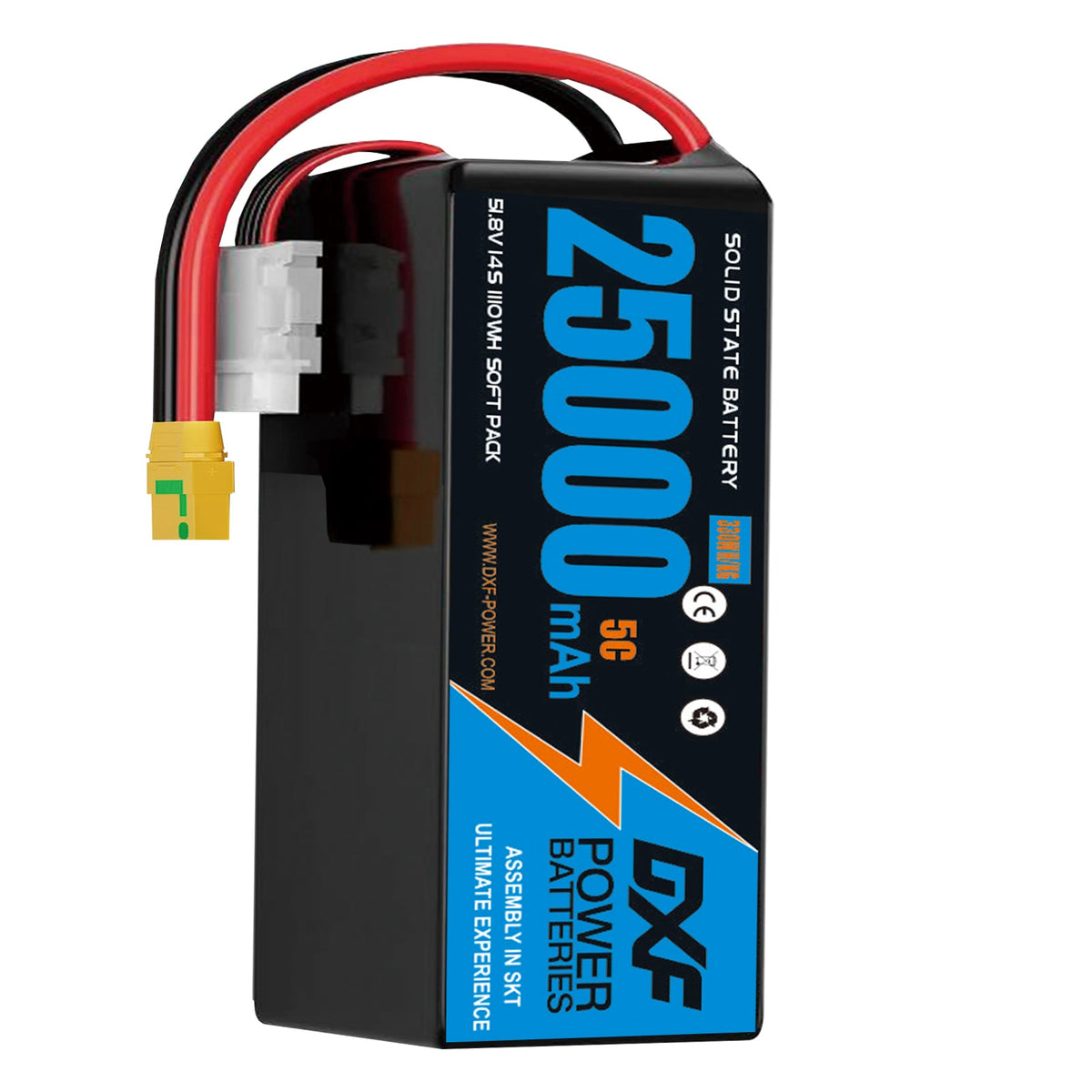 DXF SEMI-SOLID 14S 51.8V 25000mAh 5C Soft Case LiPo Battery with 8AWG Wire for Toy Cars, Boats, UAVs & Drones (1-6 Pack)