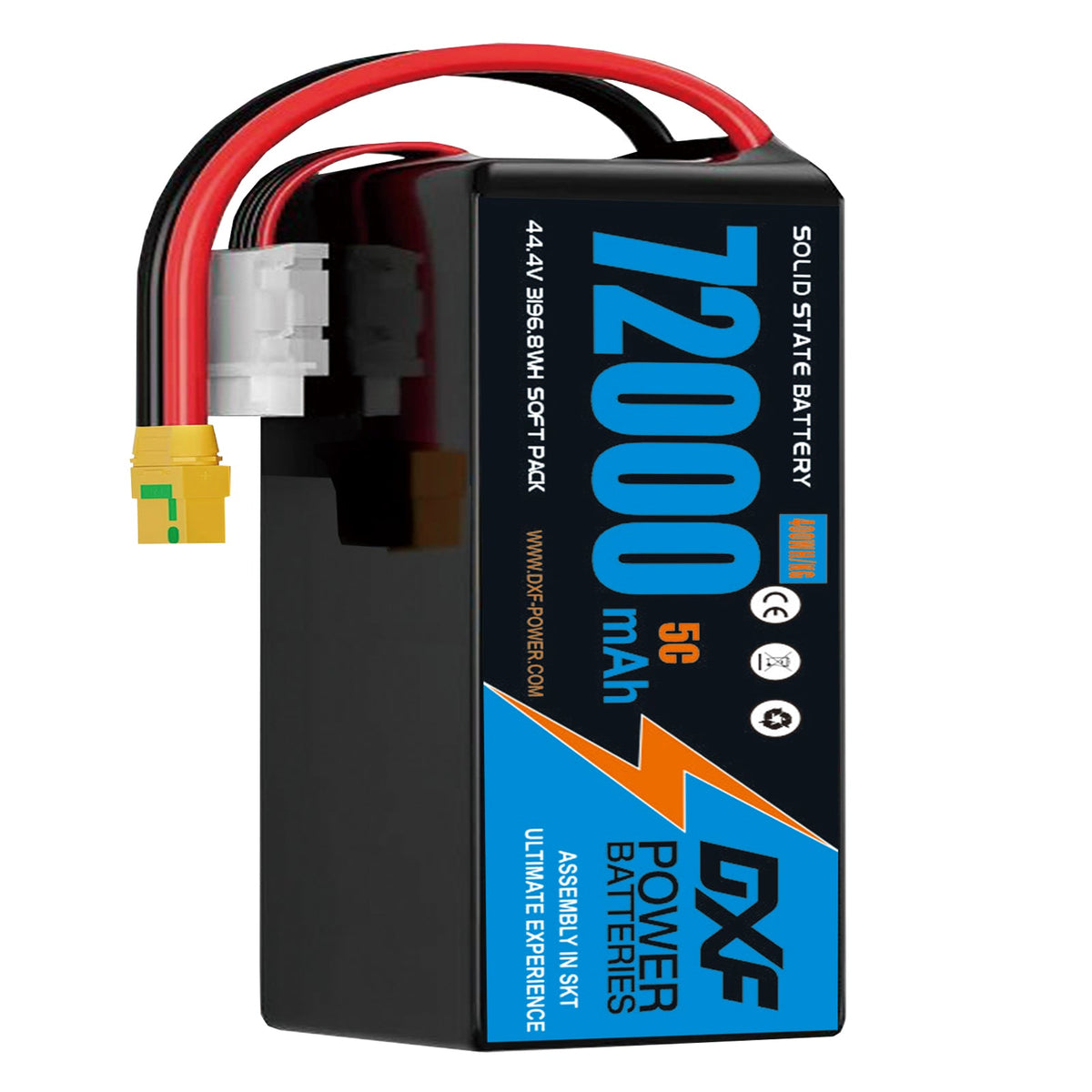 DXF 12S 44.4V 72000mAh 5C Soft Case LiPo Battery with 8AWG Wire for Toy Cars, Boats, UAVs & Drones (1-6 Pack)