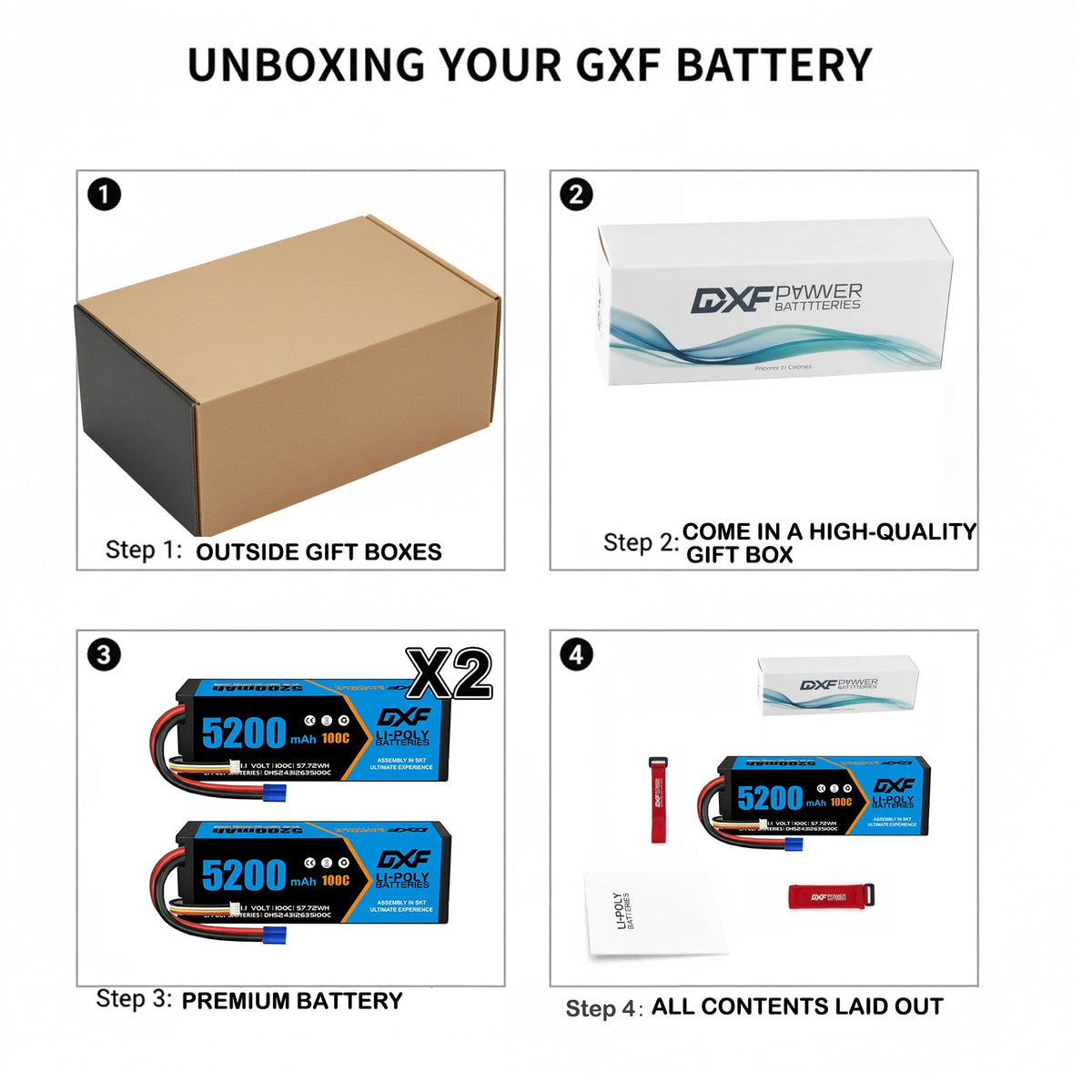DXF 3S 11.1V 5200mAh 100C Hardcase LiPo Battery with 10AWG EC5 for 1/8 1/10 RC Cars, Trucks, Buggies (1-6 Pack Available)