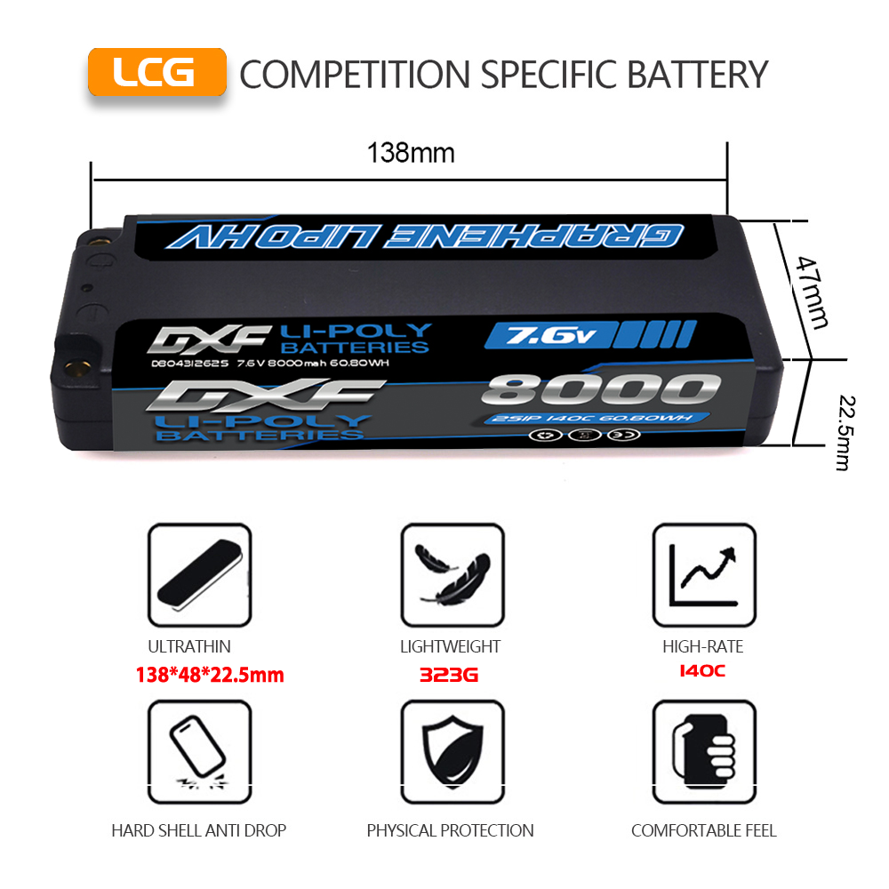 DXF 2S 7.6V Lipo Battery 140C 8000mAh Hardcase with 5mm Bullet to Deans Plug for RC 1/8 Vehicles Car Truck Tank Truggy Competition Racing Hobby