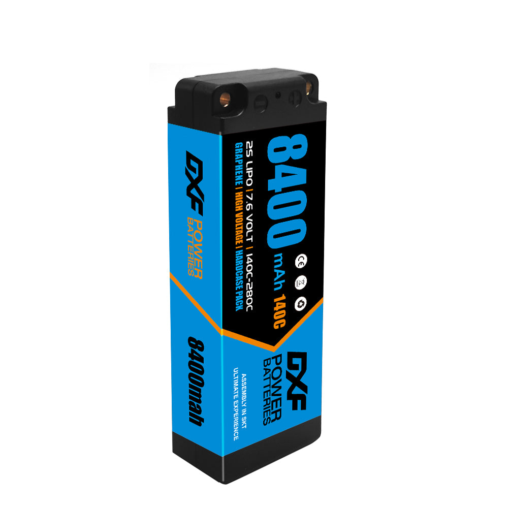 DXF BLUE 2S HV 7.6V 8400mAh 140C Graphene Slim Hardcase LiPo with 5mm to Deans/T-Plug & 10AWG Wire (1-6 Pack)