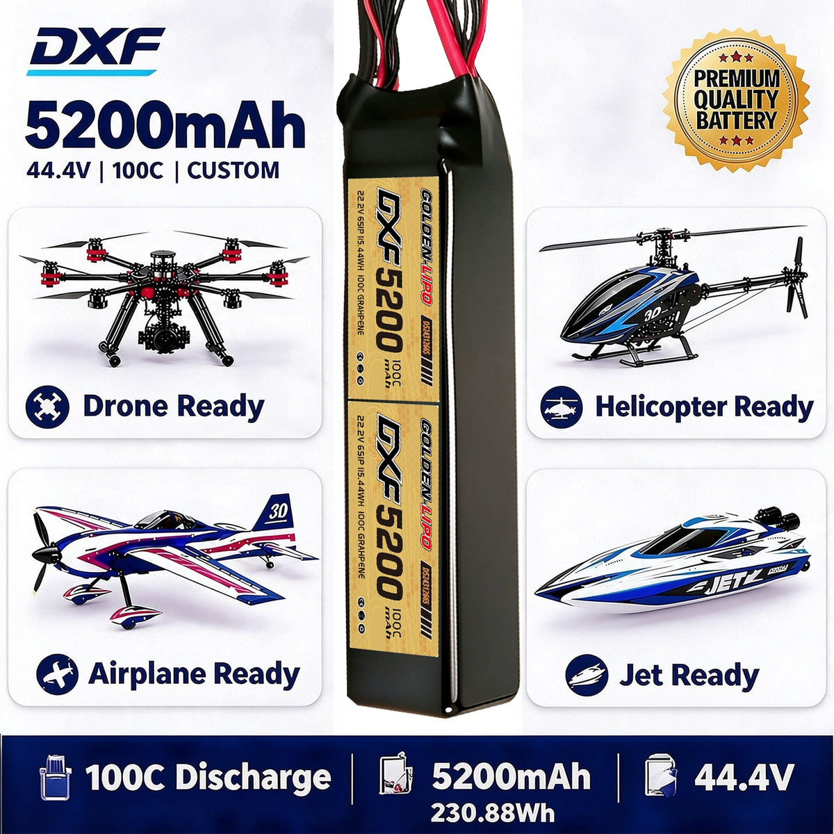 DXF Lipo Battery 12S 44.4V 5200mAh 100C GoldSeries Graphene Softcase with EC5 / T / TRX / XT60 / XT90 / XT150 / Q8s Plug for RC 1/8 1/10 Buggy Truck Car Off-Road Drone
