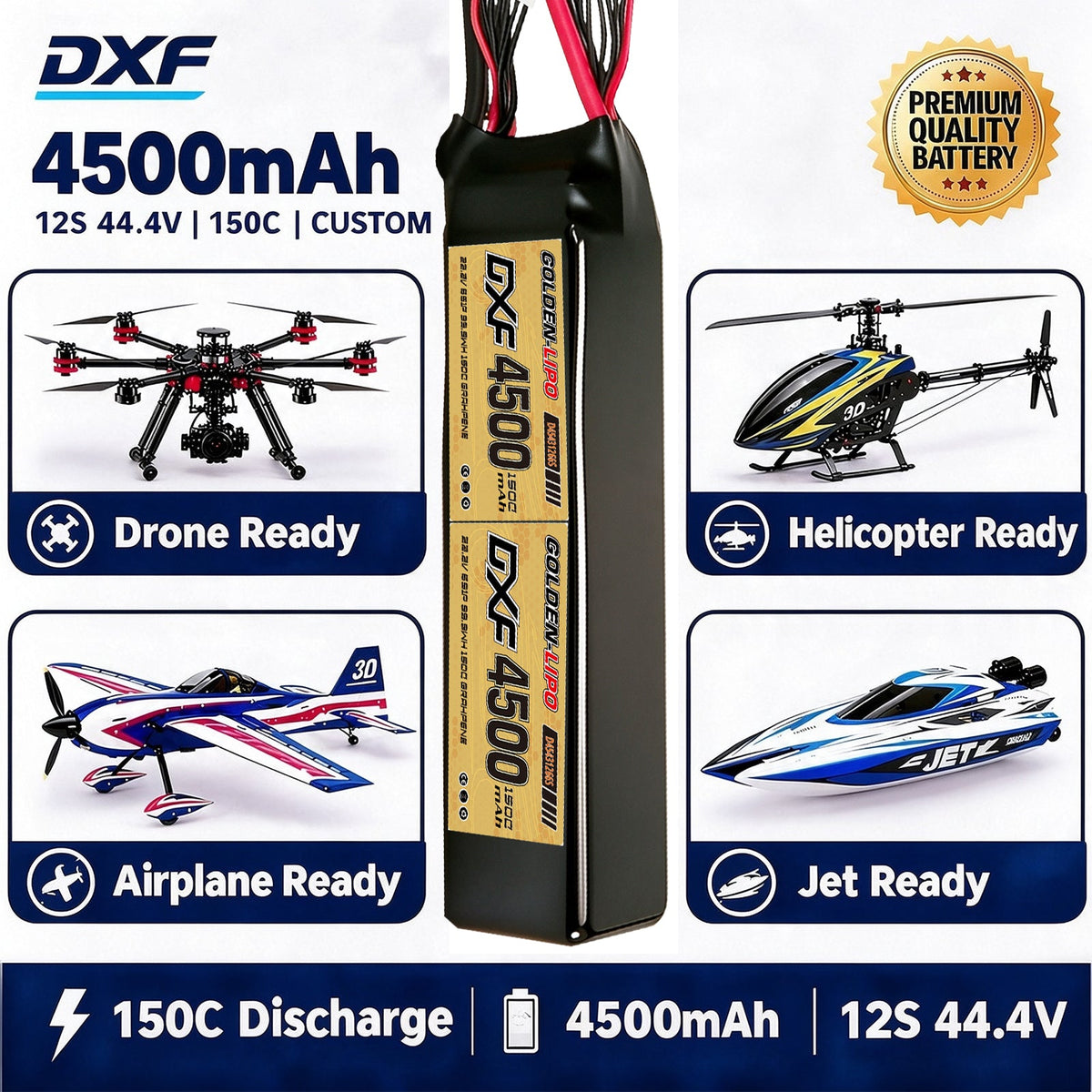 DXF Lipo Battery 12S 44.4V 4500mAh 150C GoldSeries Graphene Softcase with EC5 / T / TRX / XT60 / XT90 / XT150 / Q8s Plug for RC 1/8 1/10 Buggy Truck Car Off-Road Drone