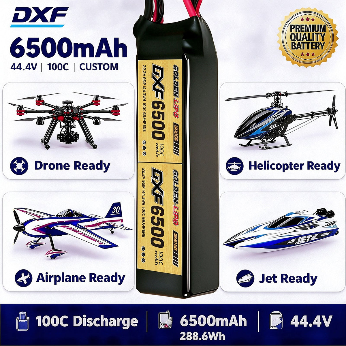 DXF Lipo Battery 12S 44.4V 6500mAh 100C GoldSeries Graphene Softcase with EC5 / T / TRX / XT60 / XT90 / XT150 / Q8s Plug for RC 1/8 1/10 Buggy Truck Car Off-Road Drone