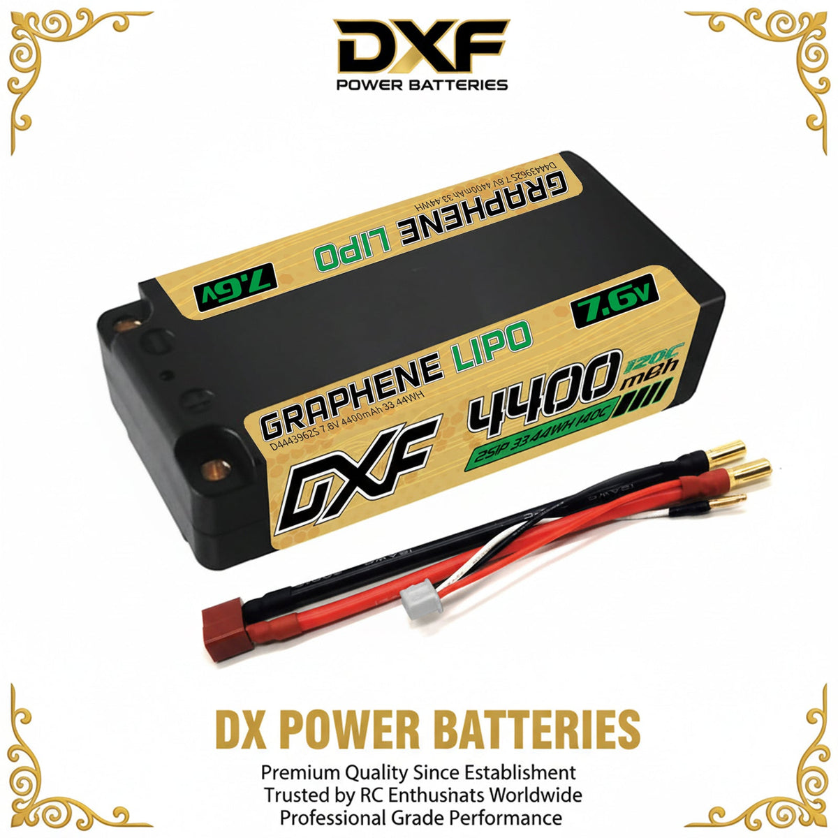 DXF 2S Shorty 7.6V 4400mAh 140C Graphene Hardcase LiPo Battery with 5mm Bullet to Deans Plug for 1/10 RC Buggies, Touring Cars & Trucks (1-6 Pack Available)