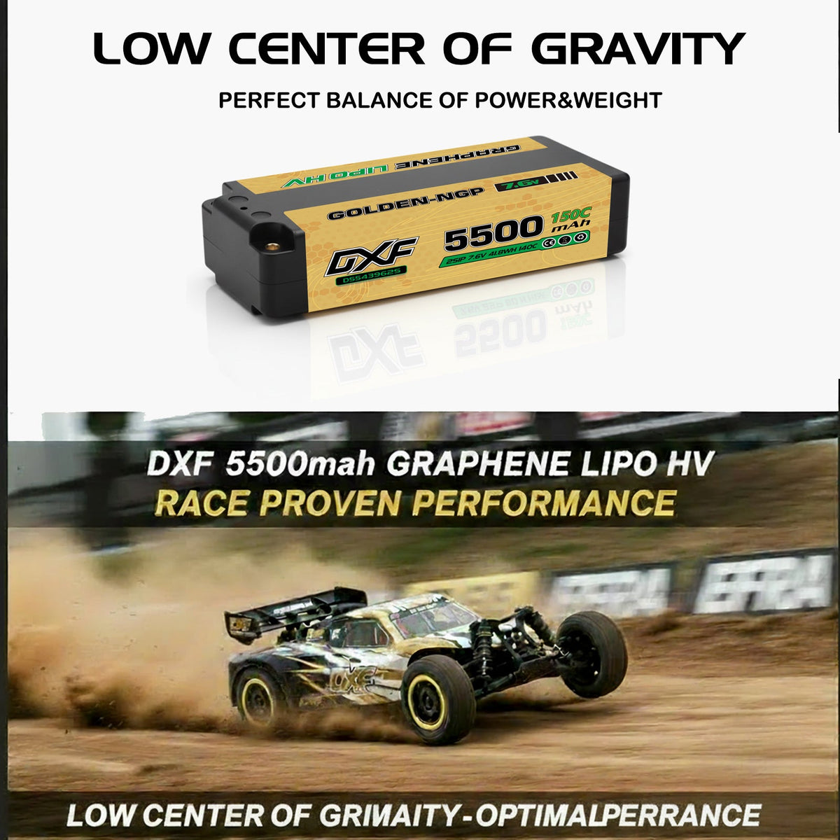 DXF LiPo Battery 2S 7.4V 5500mAh 150C Graphene Gold NGP Plus Version with 5mm Bullet / EC5 / T / TRX / XT60 / XT90 / XT150 / Q8s Plug for RC 1/10 Touring Car Racing