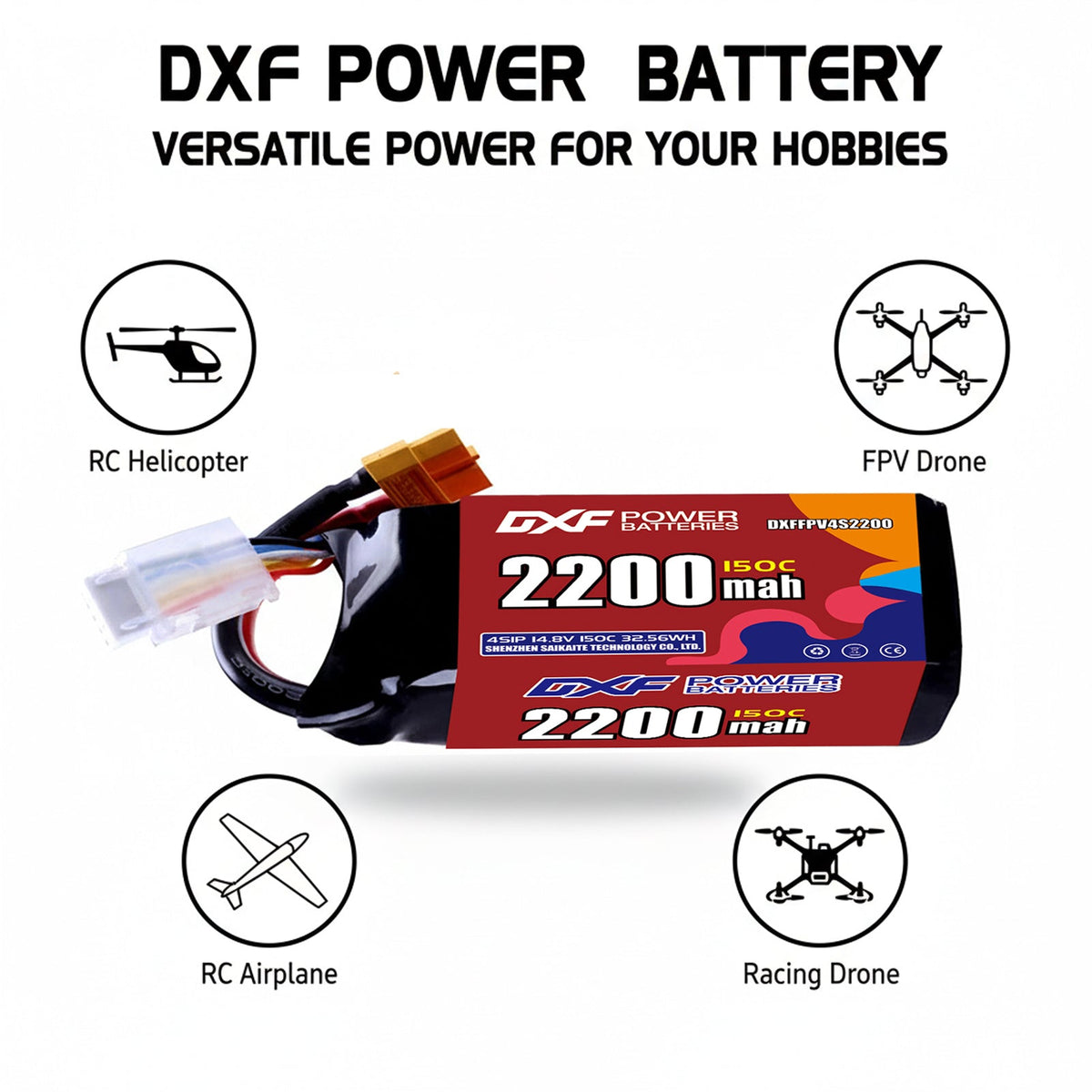 DXF 4S 14.8V 2200mAh 150C Softcase LiPo Battery with XT60 for RC Cars, Boats, Trucks (1-6 Pack Available)