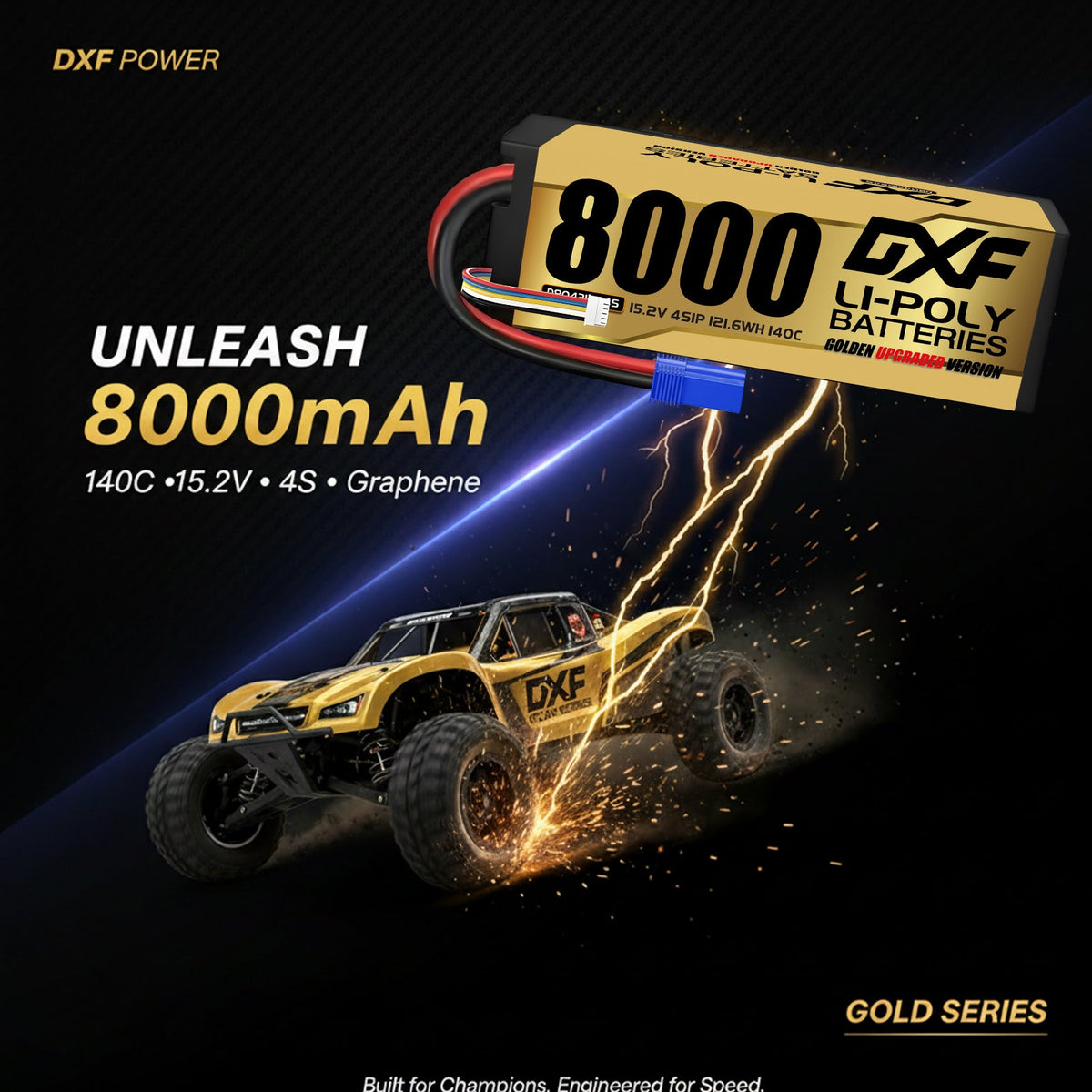 DXF Gold Standard 4S HV 15.2V 8000mAh 140C Graphene Hardcase LiPo Battery with EC5 & 10AWG Wire (1-6 Pack)