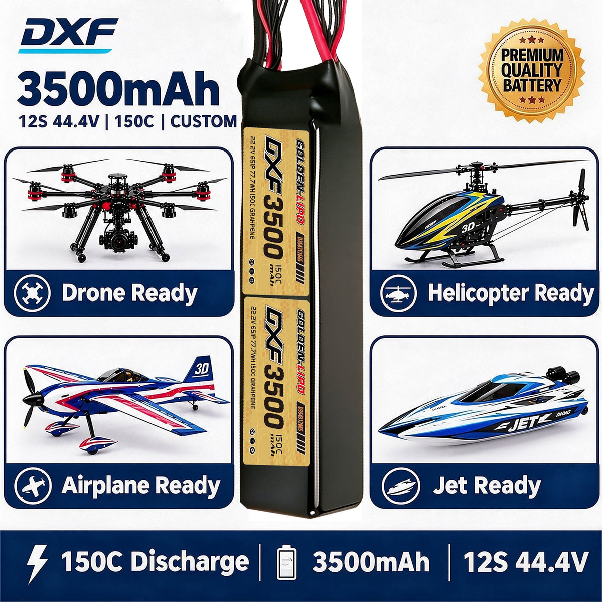 DXF Lipo Battery 12S 44.4V 3500mAh 150C GoldSeries Graphene Softcase with EC5 / T / TRX / XT60 / XT90 / XT150 / Q8s Plug for RC 1/8 1/10 Buggy Truck Car Off-Road Drone