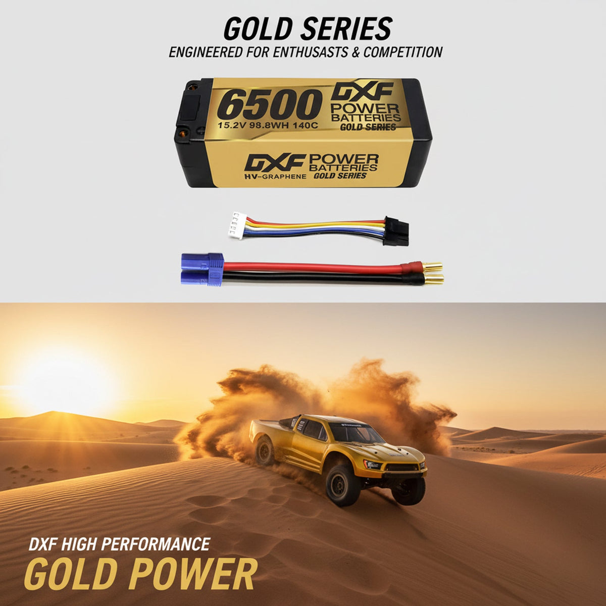 DXF Gold Series 4S HV 15.2V 6500mAh 140C Graphene LCG Hardcase LiPo with 5mm to EC5 & 10AWG Wire (1-6 Pack)