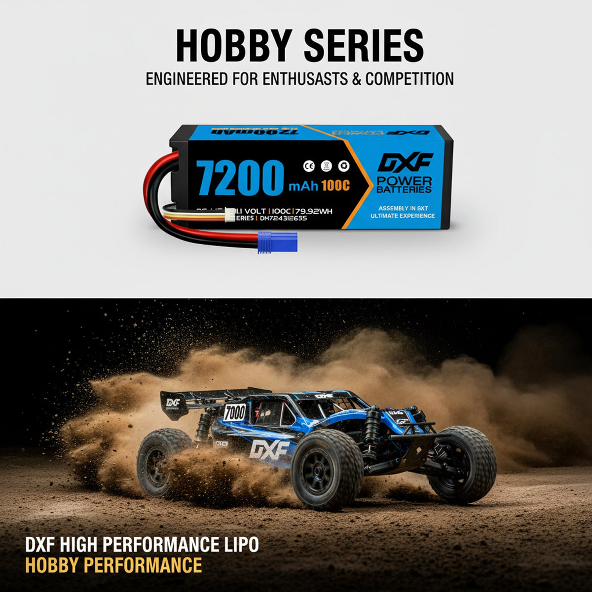 DXF 3S 11.1V 7200mAh 100C Hardcase LiPo Battery with 10AWG EC5 for 1/8 1/10 RC Cars, Trucks, Buggies (1-6 Pack Available)