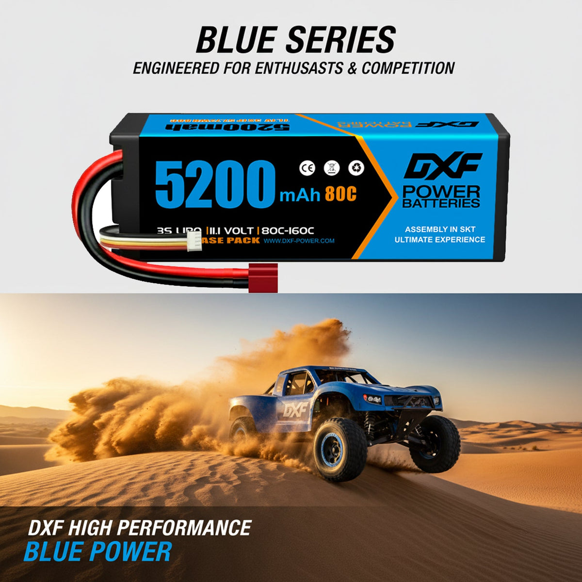 DXF BLUE Series 3S 11.1V 5200mAh 80C Hardcase LiPo with Deans/T-Plug & 10AWG Wire for Toy Cars, Boats, Aircraft & FPV Drones (1-6 Pack)