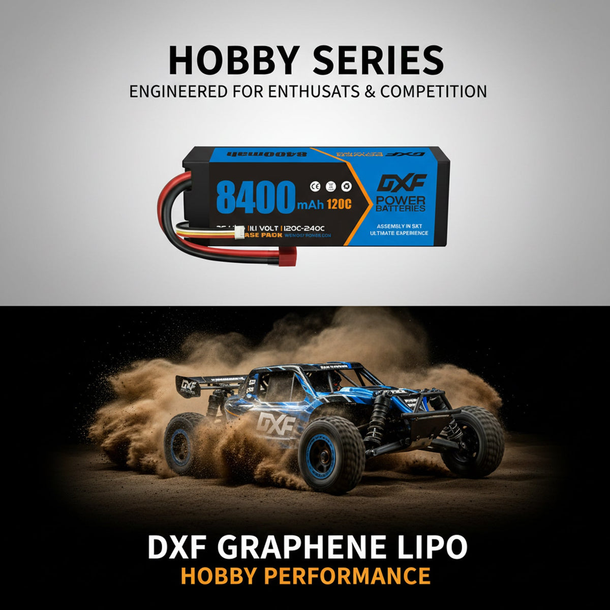 DXF 3S 11.1V 8400mAh 120C Graphene LiPo Hardcase Battery with 10AWG Deans T-Plug for RC Car Truck (1-6 Pack)