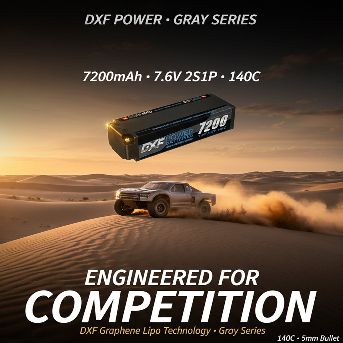DXF 2S 7.6V LiPo Battery 140C 7200mAh LCG Hardcase with 5mm Bullet to Deans Plug for RC 1/8 1/10 Vehicles Car Truck Truggy Competition Racing (1-6 Pack)