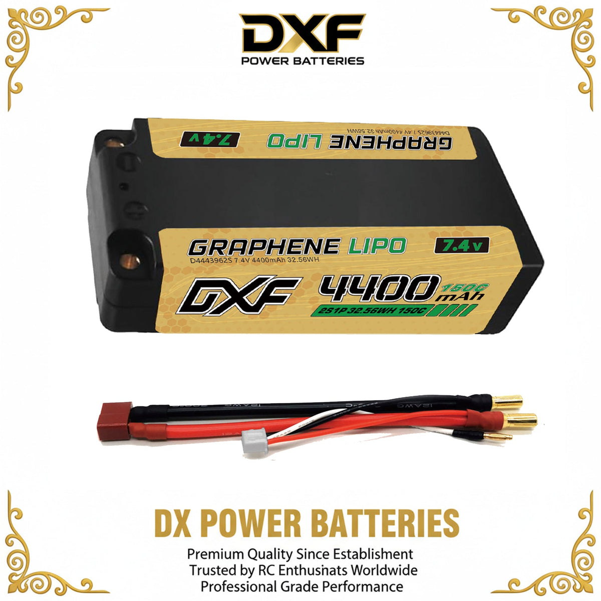 DXF NGP‑PLUS 2S 7.4V 4400mAh 150C Graphene Shorty Hardcase LiPo Battery with 5mm Bullet & Deans T-Plug, BRCA Certified (1-6 Pack)