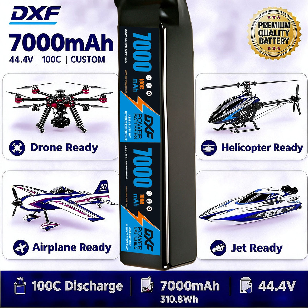 DXF Lipo Battery 12S 44.4V 7000mAh 100C GoldSeries Graphene Softcase with EC5 / T / TRX / XT60 / XT90 / XT150 / Q8s Plug for RC 1/8 1/10 Buggy Truck Car Off-Road Drone