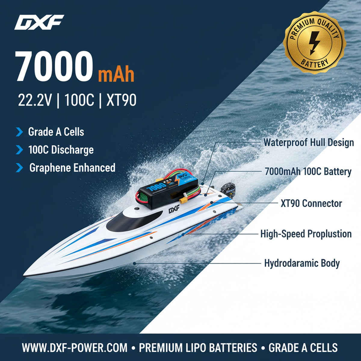 DXF 6S 22.2V 7000mAh 100C Softcase LiPo Battery with XT90 & 10AWG Wire for 1/8 RC Cars (1-6 Pack)