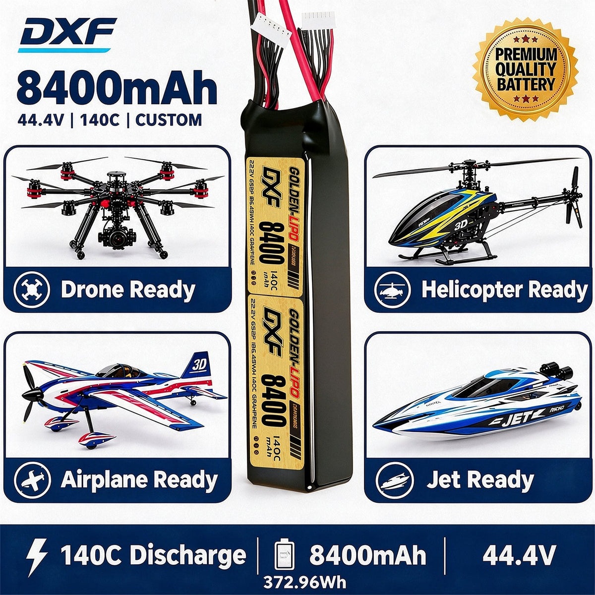 DXF Lipo Battery 12S 44.4V 8400mAh 140C GoldSeries Graphene Softcase with EC5 / T / TRX / XT60 / XT90 / XT150 / Q8s Plug for RC 1/8 1/10 Buggy Truck Car Off-Road Drone