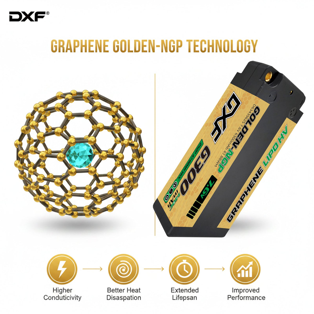 DXF LiPo Battery 2S2P HV 7.6V 6300mAh 130C Graphene NGP Plus Gold Version with 5mm Bullet / EC5 / T / TRX / XT60 / XT90 / XT150 / Q8s Plug for RC 1/10 1/8 Scale Car Racing