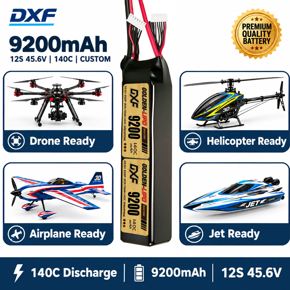 DXF Lipo Battery 12S HV 45.6V 9200mAh 140C GoldSeries Graphene Softcase with EC5 / T / TRX / XT60 / XT90 / XT150 / Q8s Plug for RC 1/8 1/10 Buggy Truck Car Off-Road Drone