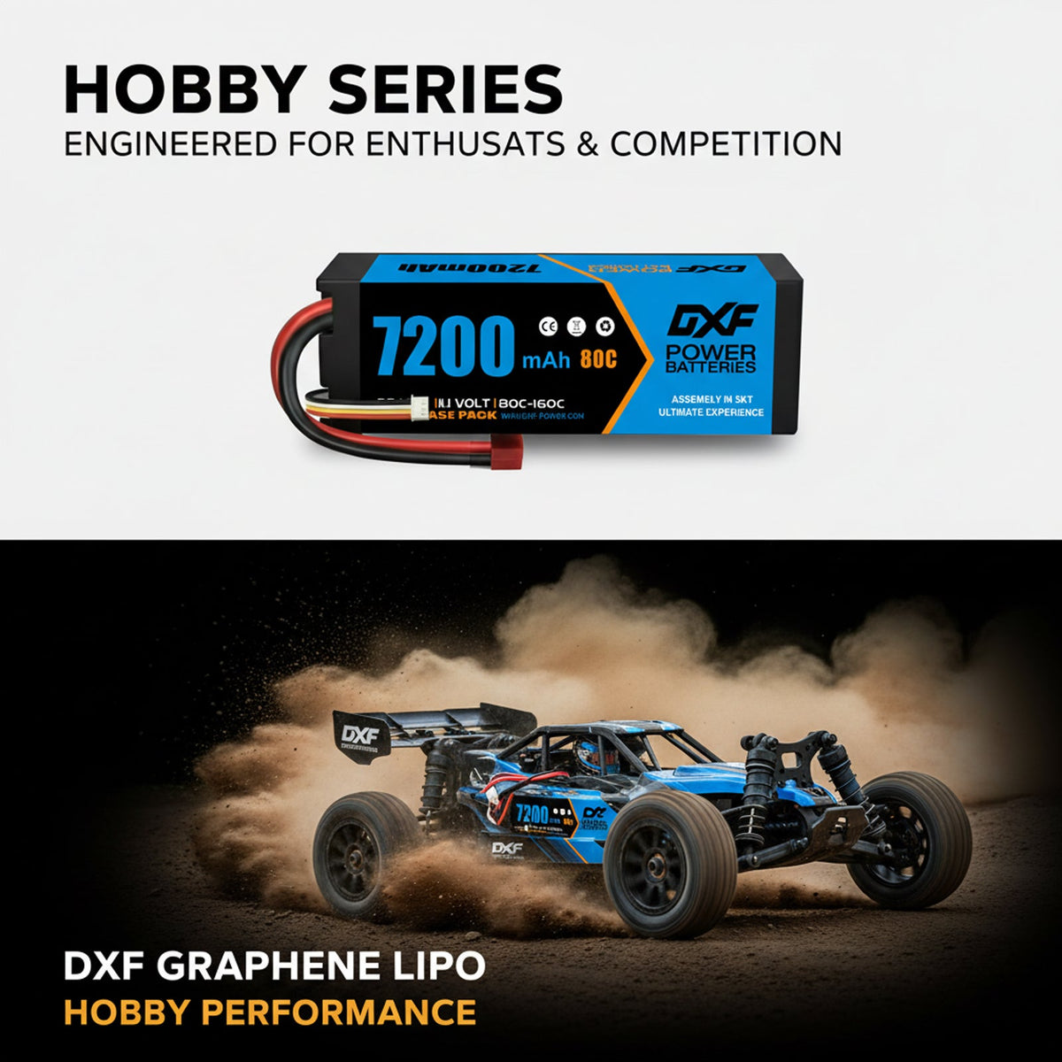 DXF BLUE Series 3S 11.1V 7200mAh 80C Hardcase LiPo Battery with Deans/T-Plug & 10AWG Wire (1-6 Pack)
