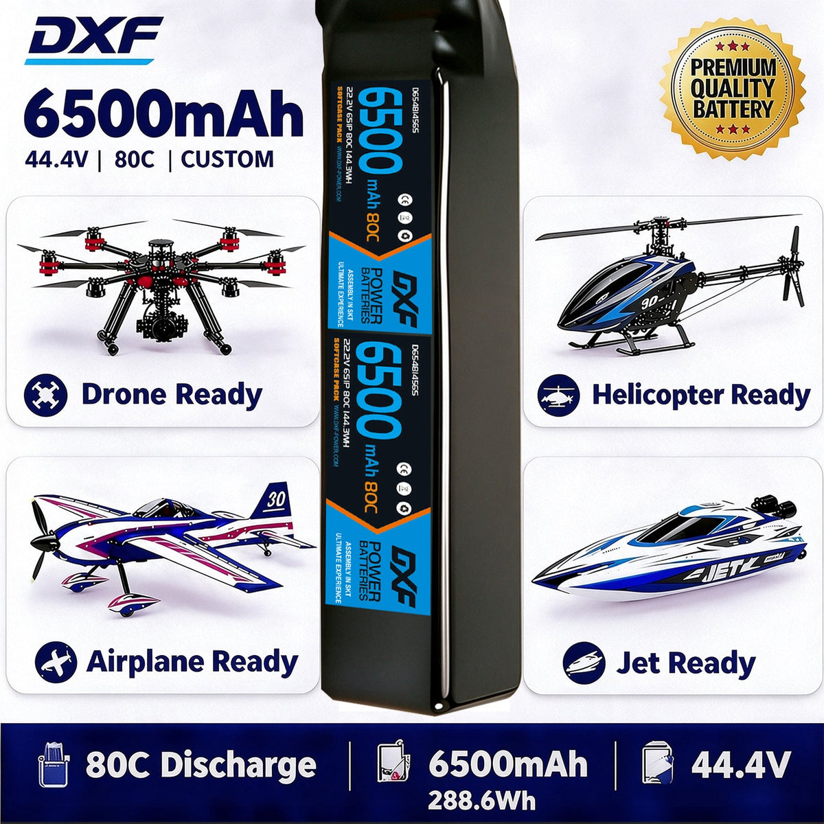 DXF LiPo Battery 12S 44.4V 6500mAh 80C Graphene Softcase Blue with EC5 / T / TRX / XT60 / XT90 / XT150 / Q8s Plug for RC 1/8 1/10 Buggy Truck Car Off-Road Drone
