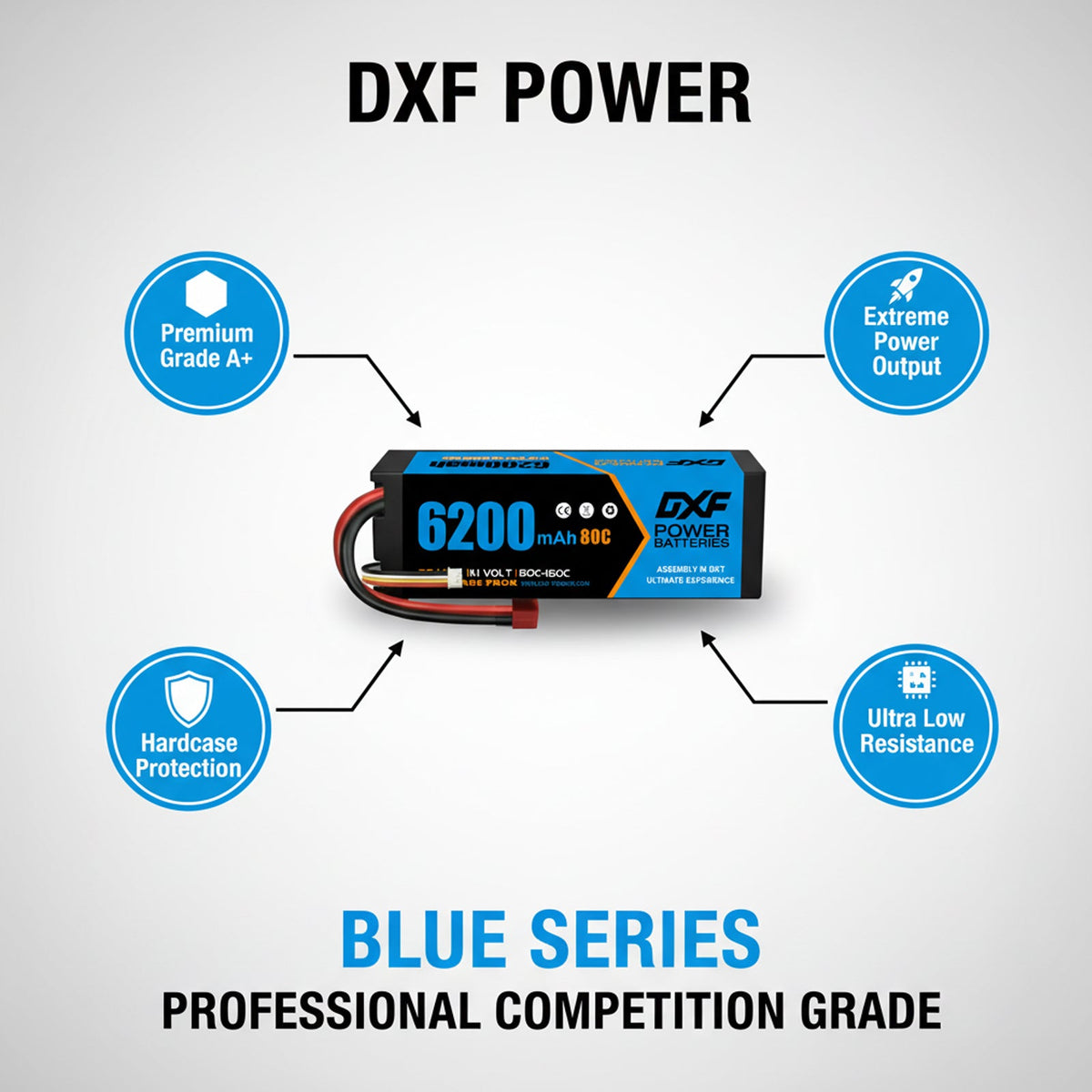 DXF 3S 11.1V 6200mAh 80C Graphene Hardcase LiPo Battery with Deans/T-Plug & 10AWG Wire (1-6 Pack)