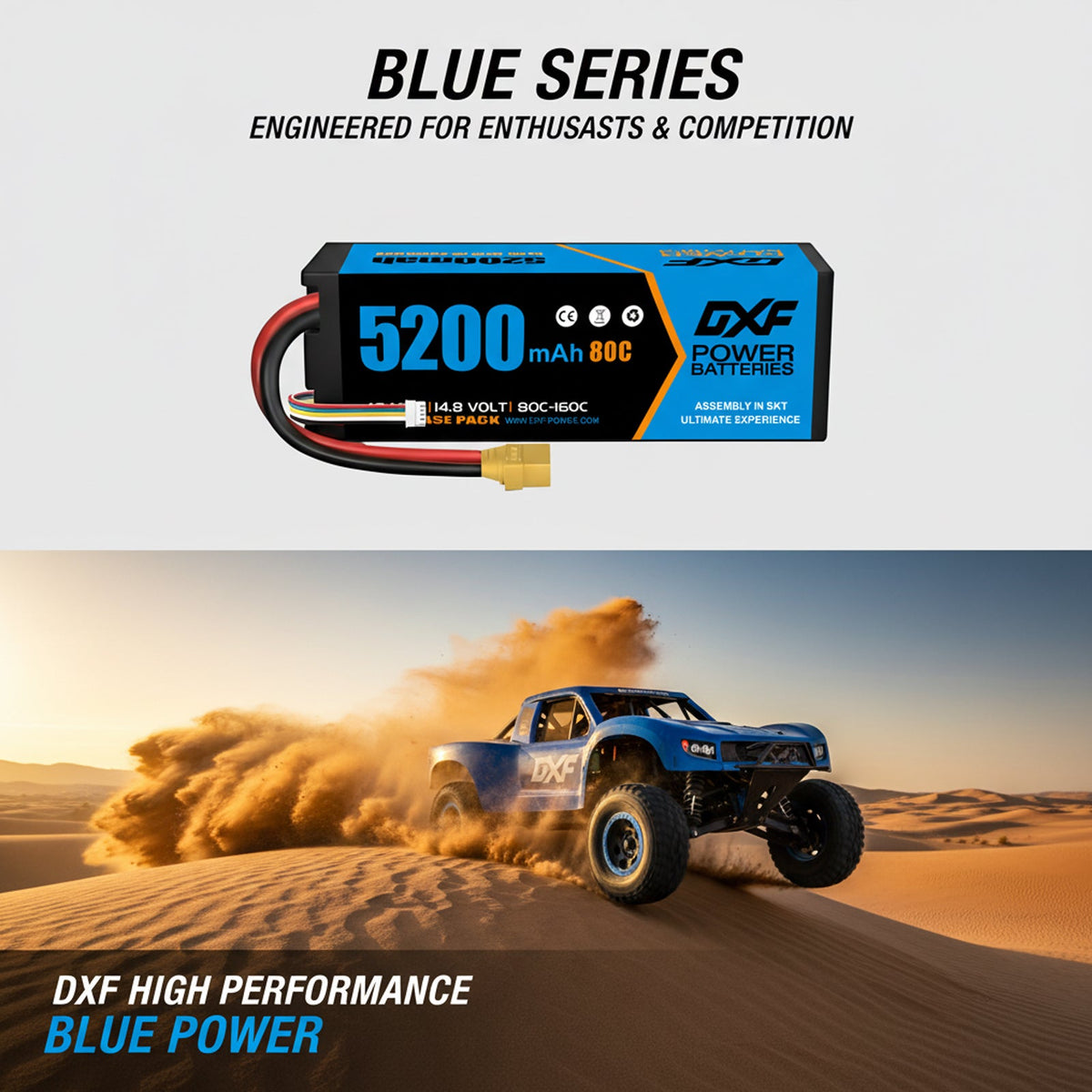 DXF 4S 14.8V 5200mAh 80C Hardcase LiPo Battery with XT90 & 10AWG Wire for RC Cars (1-6 Pack)