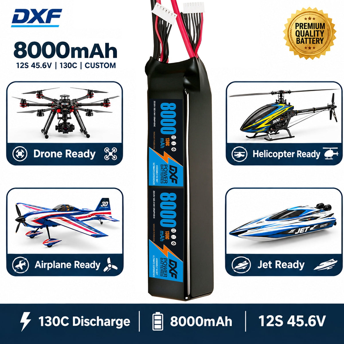 DXF LiPo Battery 12S HV 45.6V 8000mAh 130C Graphene Softcase Blue with EC5 / T / TRX / XT60 / XT90 / XT150 / Q8s Plug for RC 1/8 1/10 Buggy Truck Car Off-Road Drone