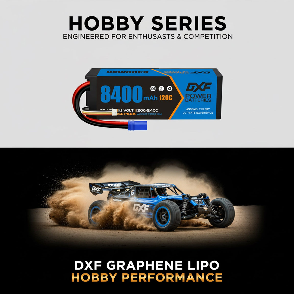 DXF 3S 11.1V 8400mAh 120C Hardcase LiPo Battery with 10AWG EC5 for 1/8 1/10 RC Cars, Trucks, Buggies (1-6 Pack Available)