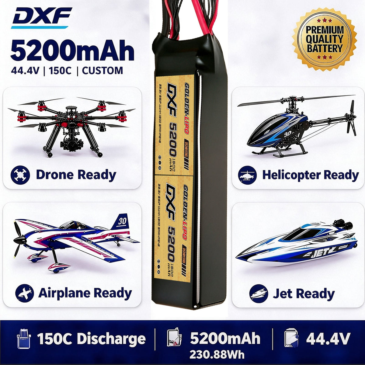 DXF Lipo Battery 12S 44.4V 5200mAh 150C GoldSeries Graphene Softcase with EC5 / T / TRX / XT60 / XT90 / XT150 / Q8s Plug for RC 1/8 1/10 Buggy Truck Car Off-Road Drone