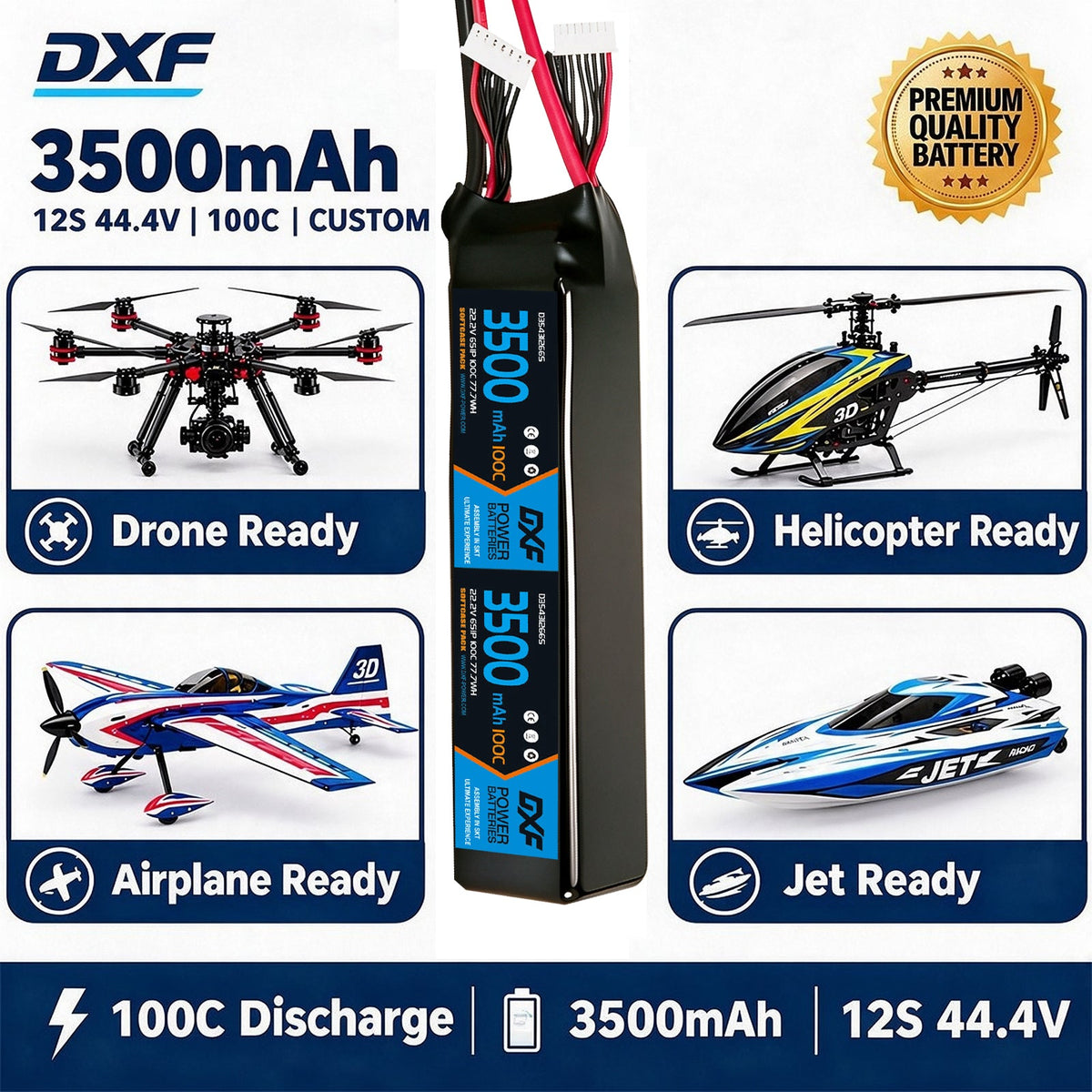 DXF LiPo Battery 12S 44.4V 3500mAh 100C Graphene Softcase Blue with EC5 / T / TRX / XT60 / XT90 / XT150 / Q8s Plug for RC 1/8 1/10 Buggy Truck Car Off-Road Drone