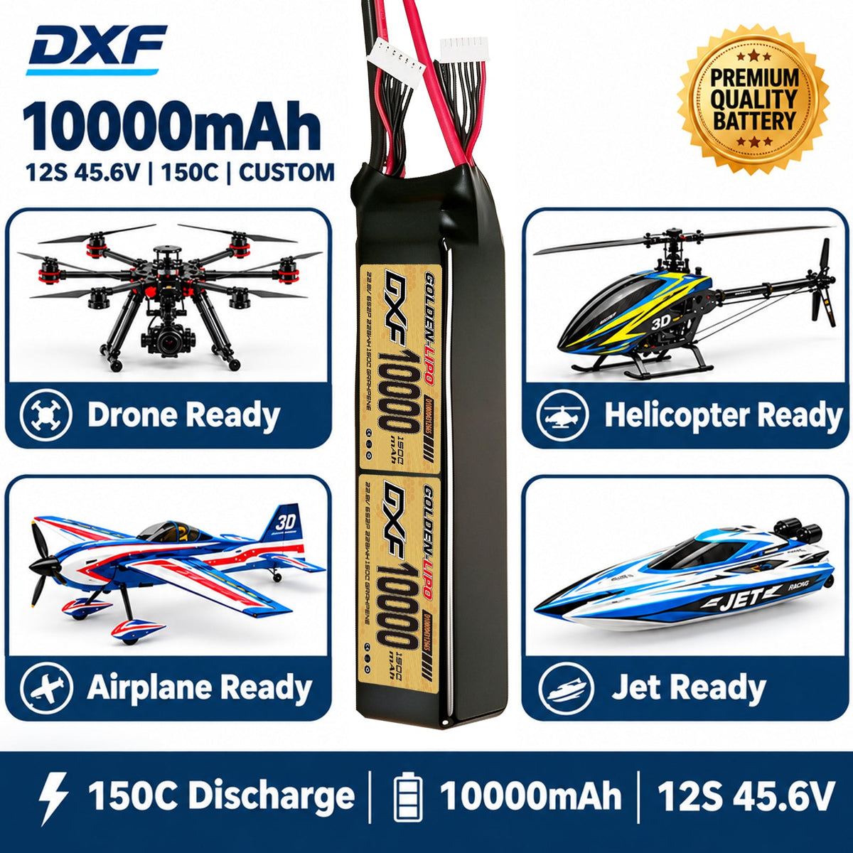 DXF Lipo Battery 12S HV 45.6V 10000mAh 150C GoldSeries Graphene Softcase with EC5 / T / TRX / XT60 / XT90 / XT150 / Q8s Plug for RC 1/8 1/10 Buggy Truck Car Off-Road Drone