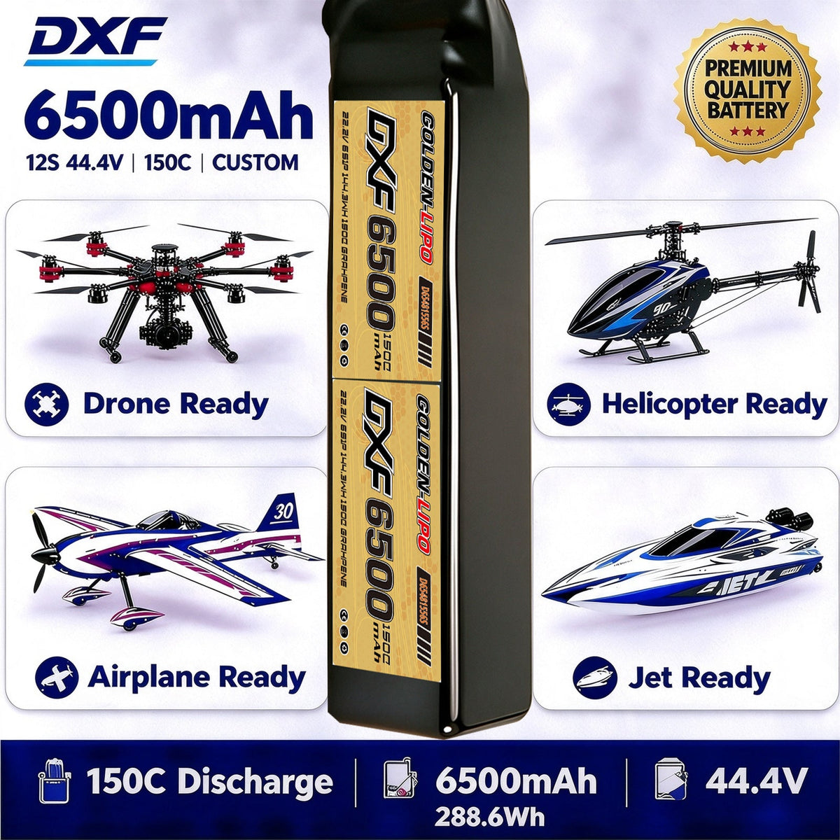 DXF Lipo Battery 12S 44.4V 6500mAh 150C GoldSeries Graphene Softcase with EC5 / T / TRX / XT60 / XT90 / XT150 / Q8s Plug for RC 1/8 1/10 Buggy Truck Car Off-Road Drone