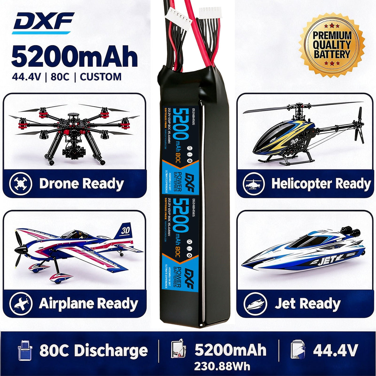 DXF LiPo Battery 12S 44.4V 5200mAh 80C Graphene Softcase Blue with EC5 / T / TRX / XT60 / XT90 / XT150 / Q8s Plug for RC 1/8 1/10 Buggy Truck Car Off-Road Drone