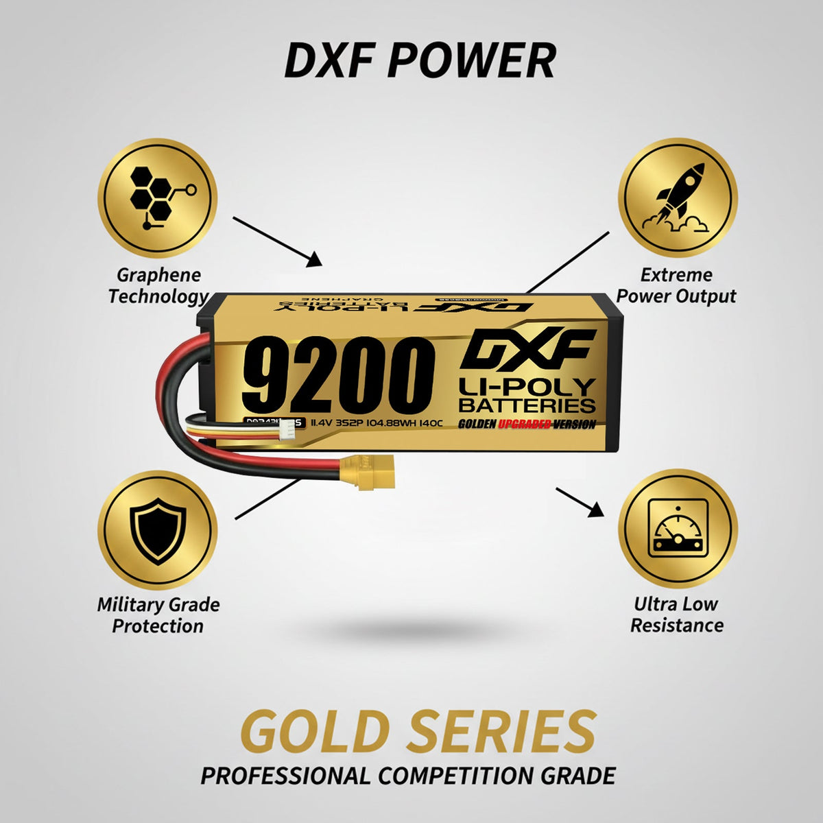 DXF LiPo Battery 3S HV 11.4V 9200mAh 140C Graphene Hardcase Gold with EC5 / T / TRX / XT60 / XT90 / XT150 / Q8s Plug for RC 1/8 1/10 Buggy Truck Car Off-Road Drone