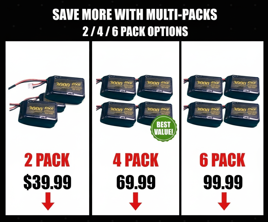 DXF 2S 7.4V 3000mAh 20C Compact Hardcase LiPo Battery for 1/8 1/10 RC Cars, Trucks, Buggies & Boats (2, 4, 6 Pack Available)