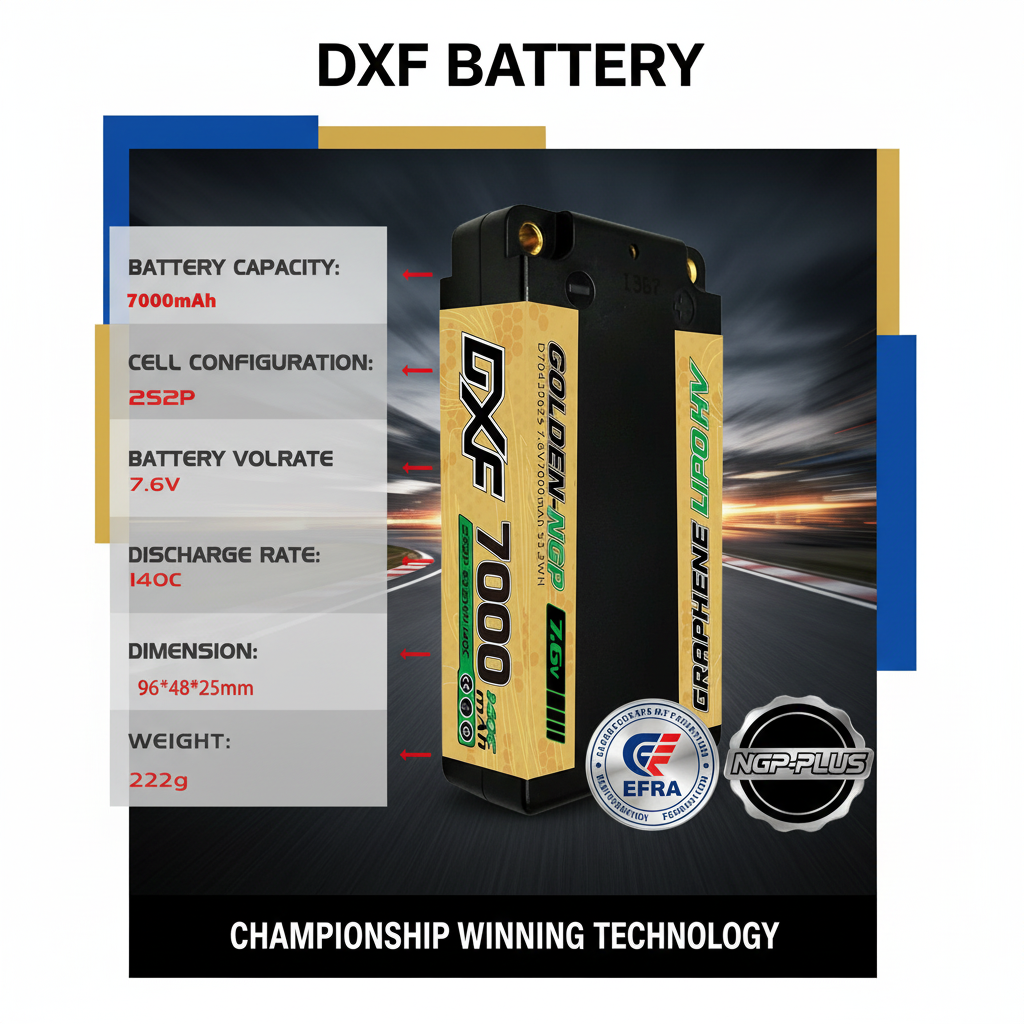 DXF 5mm Shorty 2S 7000mAh 7.6V 140C GOLDEN-NGP PLUS Hardcase LiPo Battery | EFRA Approved