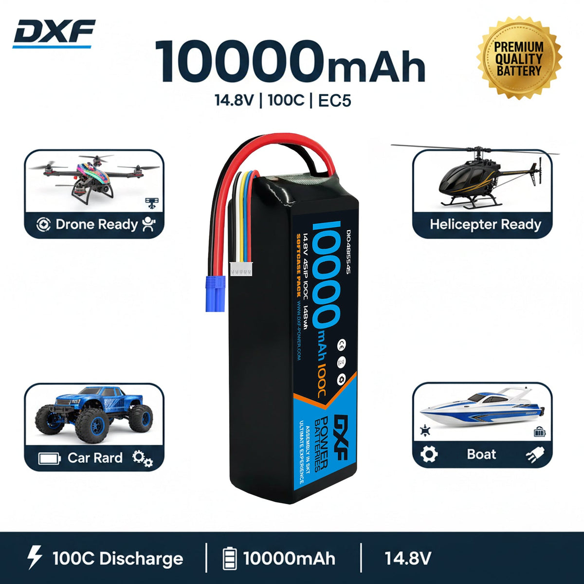 DXF 4S 14.8V 10000mAh 100C Graphene Softcase LiPo Battery with EC5 & 10AWG Wire (1-6 Pack)