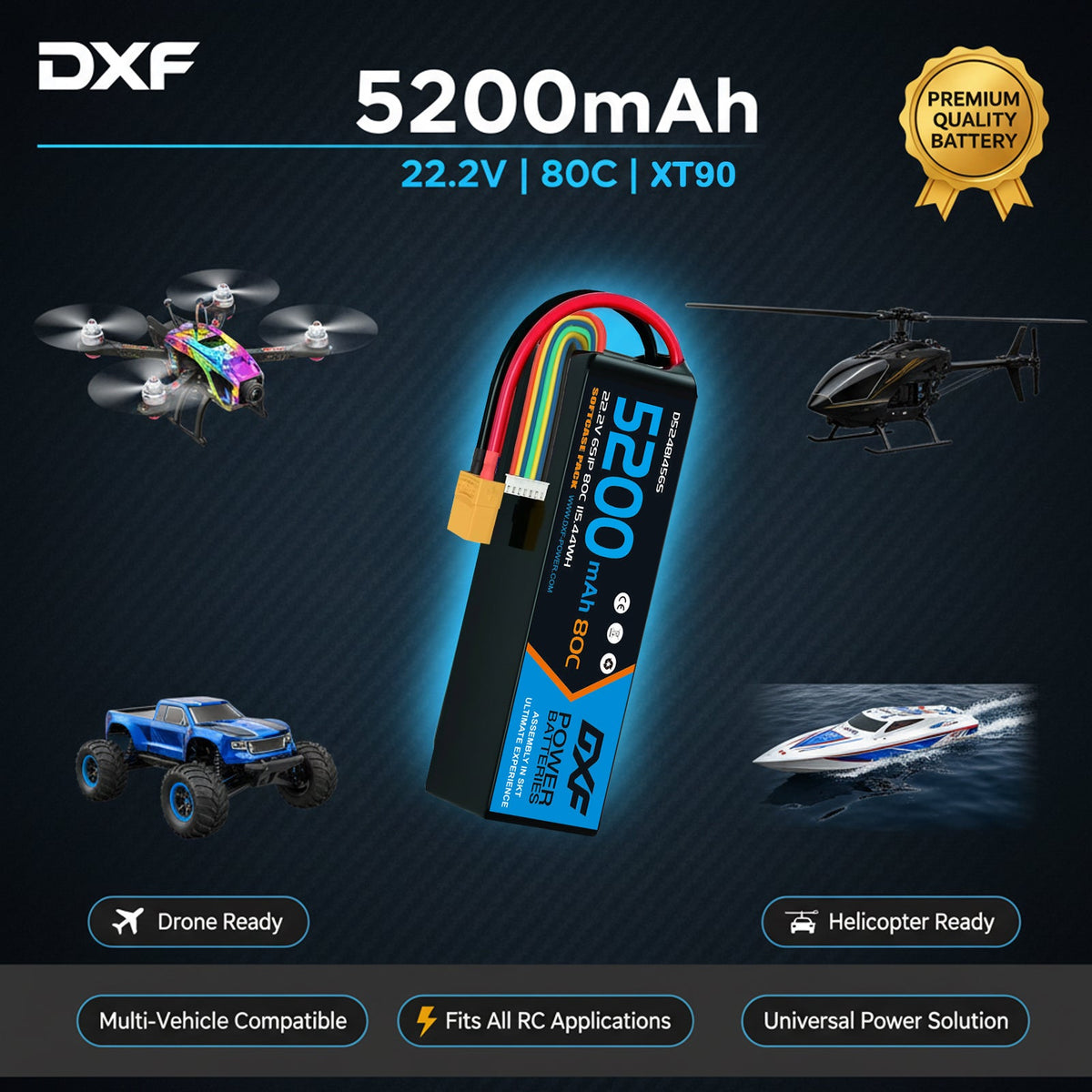 DXF 6S 22.2V 5200mAh 80C Softcase LiPo Battery with XT90 & 10AWG Wire for 1/8 RC Cars (1-6 Pack)