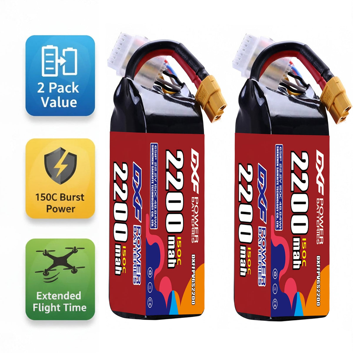 DXF 6S 22.2V 2200mAh 150C Graphene Softcase LiPo Battery with XT60 & 12AWG Wire (1-6 Pack)