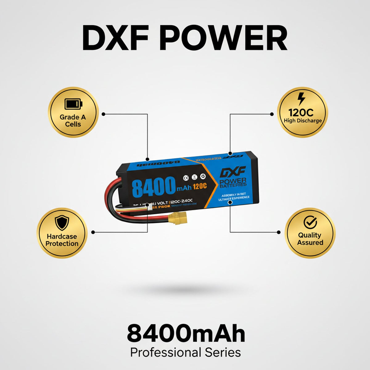 DXF BLUE Series 3S 11.1V 8400mAh 120C Graphene Hardcase LiPo Battery with 10AWG XT90 Plug for RC Car Truck (1-6 Pack)
