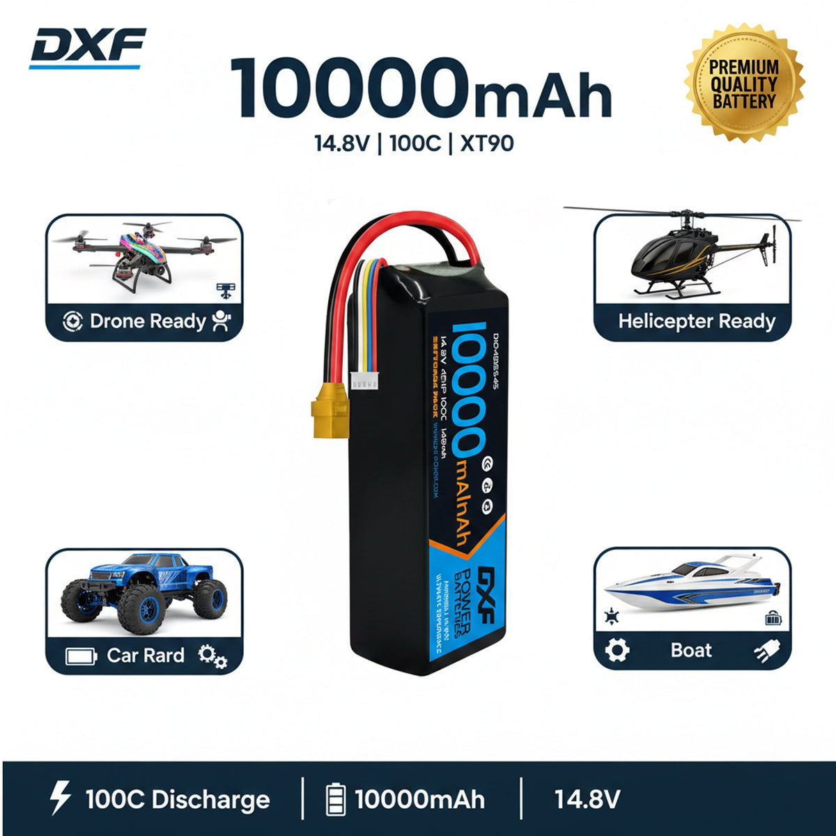 DXF 4S 14.8V 10000mAh 100C Graphene Softcase LiPo Battery with XT90 & 10AWG Wire (1-6 Pack)