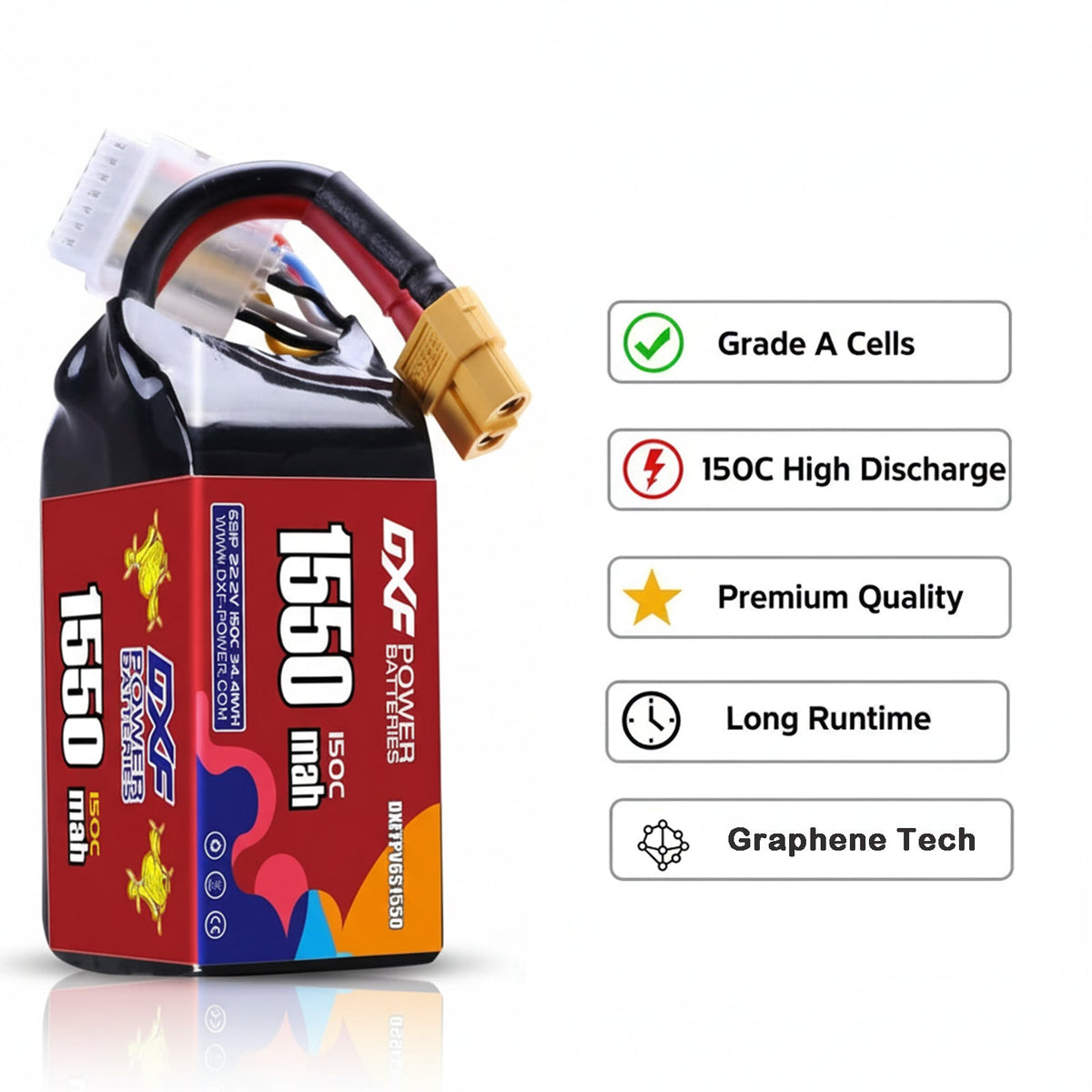 DXF 6S 22.2V 1550mAh 150C Gold Version Graphene LiPo Soft Case Battery with 12AWG XT60 Plug for RC Car Boat Airplane FPV Racing Drone (1-6 Pack Available)