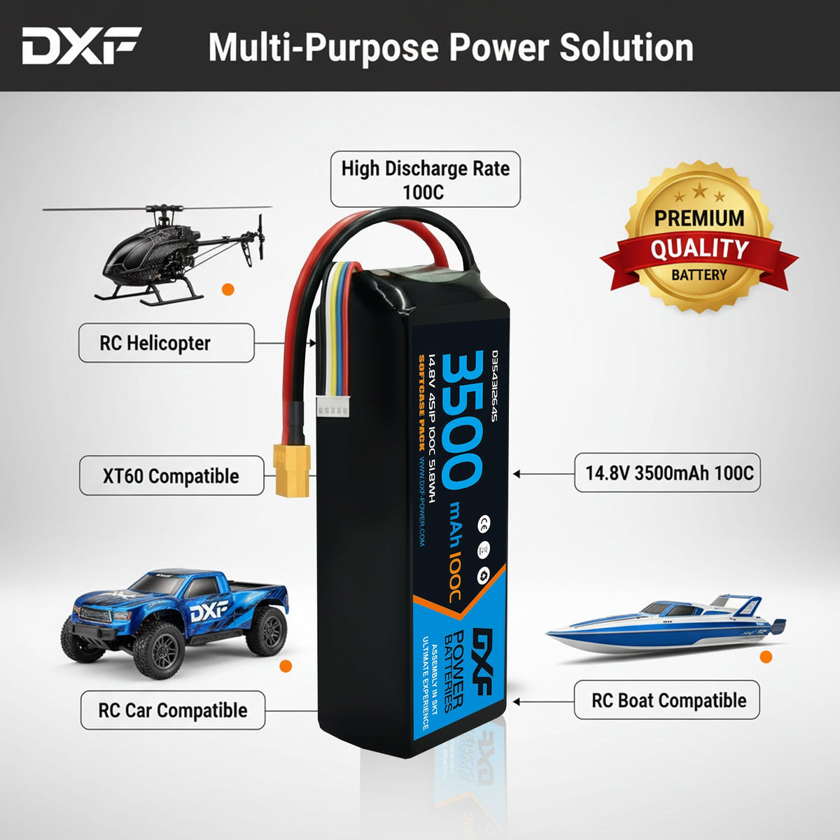 DXF Lipo Battery 4S 14.8V 3500mAh 100C GoldSeries Graphene Softcase with EC5 / T / TRX / XT60 / XT90 / XT150 / Q8s Plug for RC 1/8 1/10 Buggy Truck Car Off-Road Drone