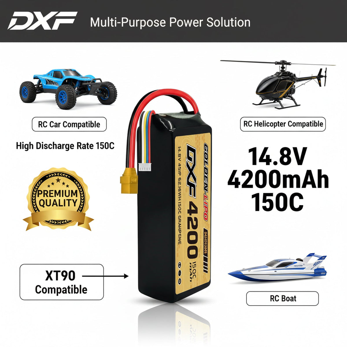 DXF Lipo Battery 4S 14.8V 4200mAh 150C GoldSeries Graphene Softcase with EC5 / T / TRX / XT60 / XT90 / XT150 / Q8s Plug for RC 1/8 1/10 Buggy Truck Car Off-Road Drone