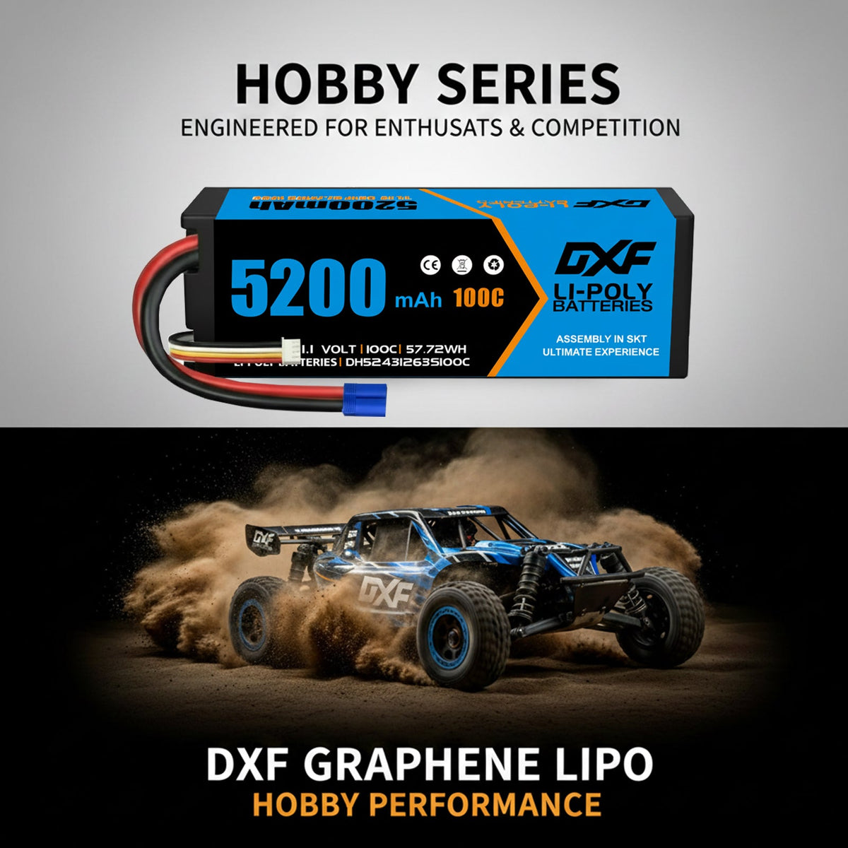 DXF 3S 11.1V 5200mAh 100C Hardcase LiPo Battery with 10AWG EC5 for 1/8 1/10 RC Cars, Trucks, Buggies (1-6 Pack Available)