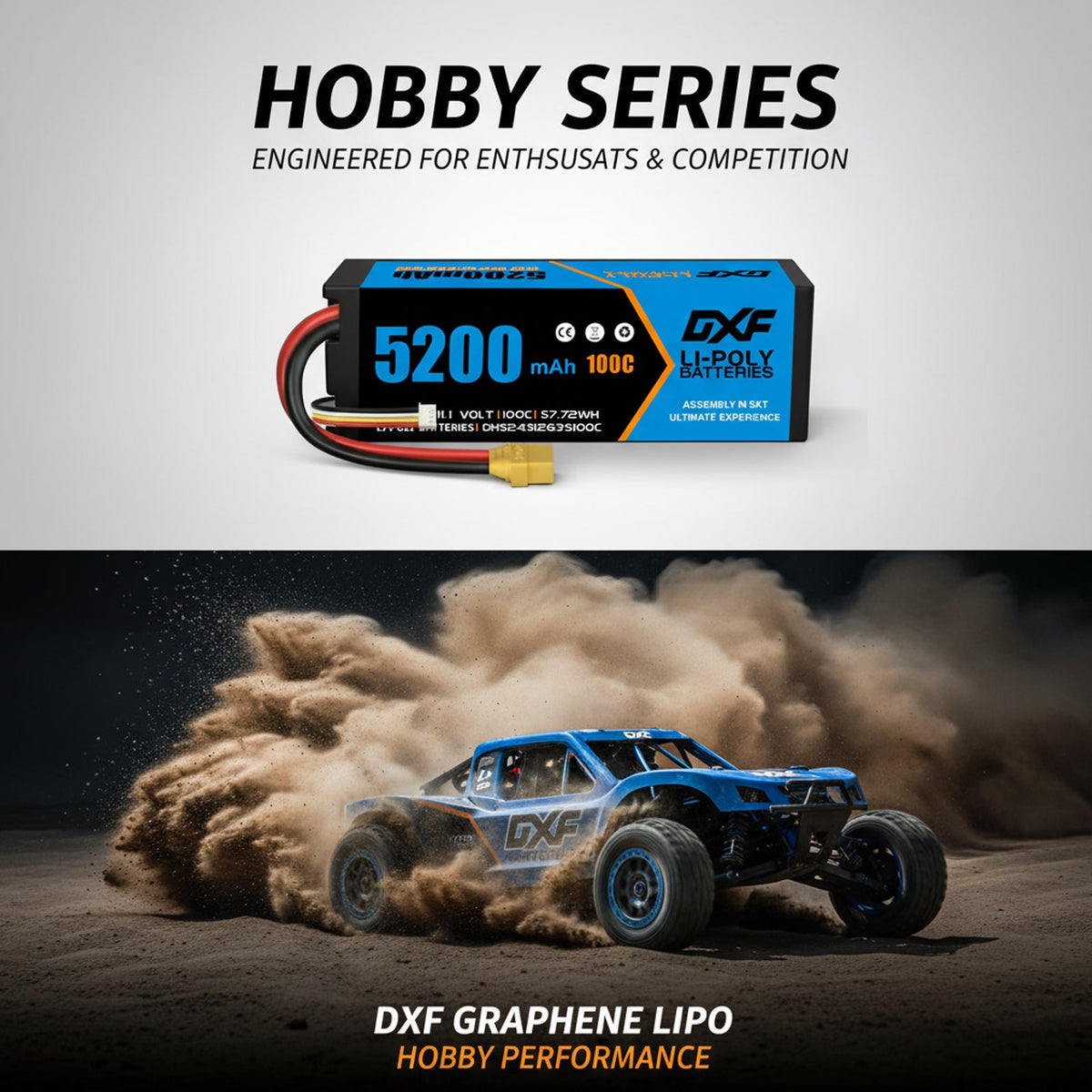 DXF 3S 11.1V 5200mAh 100C Hardcase LiPo Battery with 10AWG Deans for 1/8 1/10 RC Cars, Trucks, Buggies (2 Pack Available)