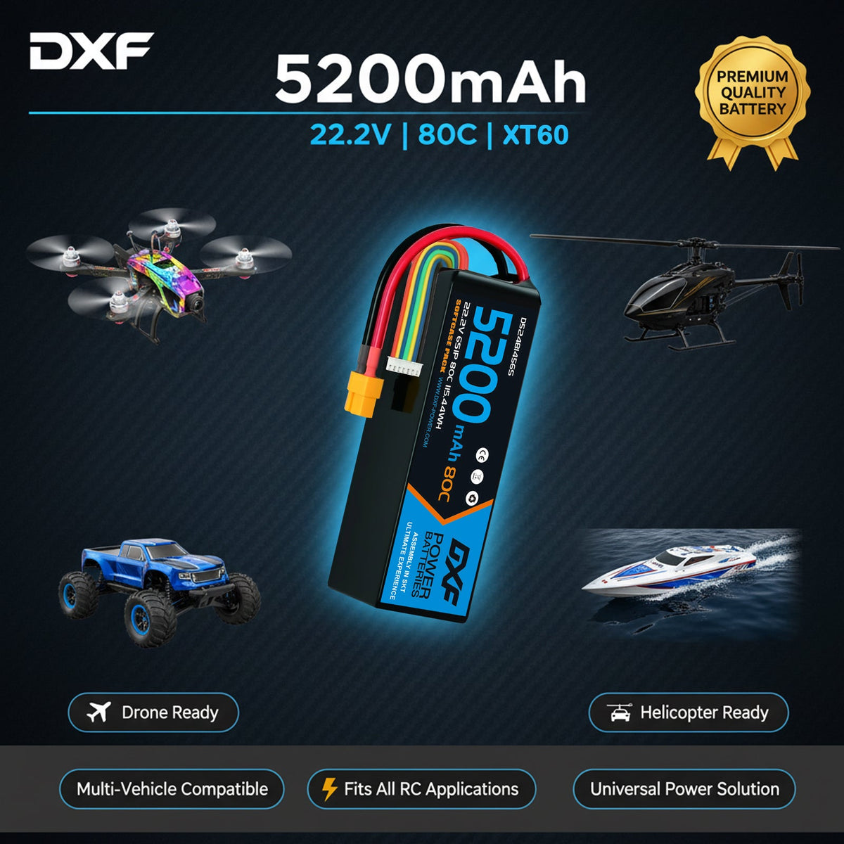 DXF 6S 22.2V 5200mAh 80C Softcase LiPo Battery with XT60 & 10AWG Wire for 1/8 RC Cars (1-6 Pack)