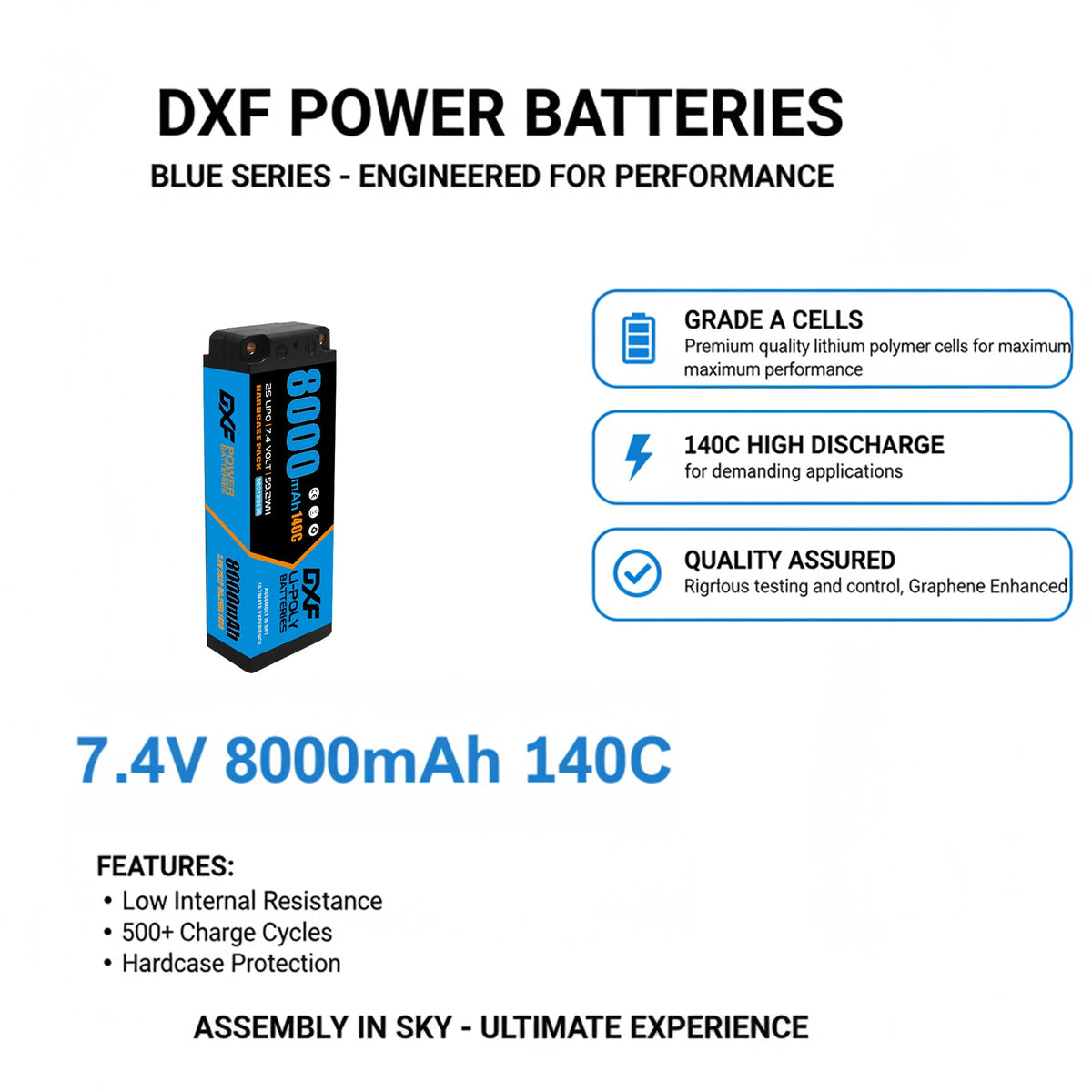 DXF LiPo Battery 2S2P 7.4V 8000mAh 140C Graphene Blue with 5mm Bullet / EC5 / T / TRX / XT60 / XT90 / XT150 / Q8s Plug for RC 1/10 Touring Car Racing